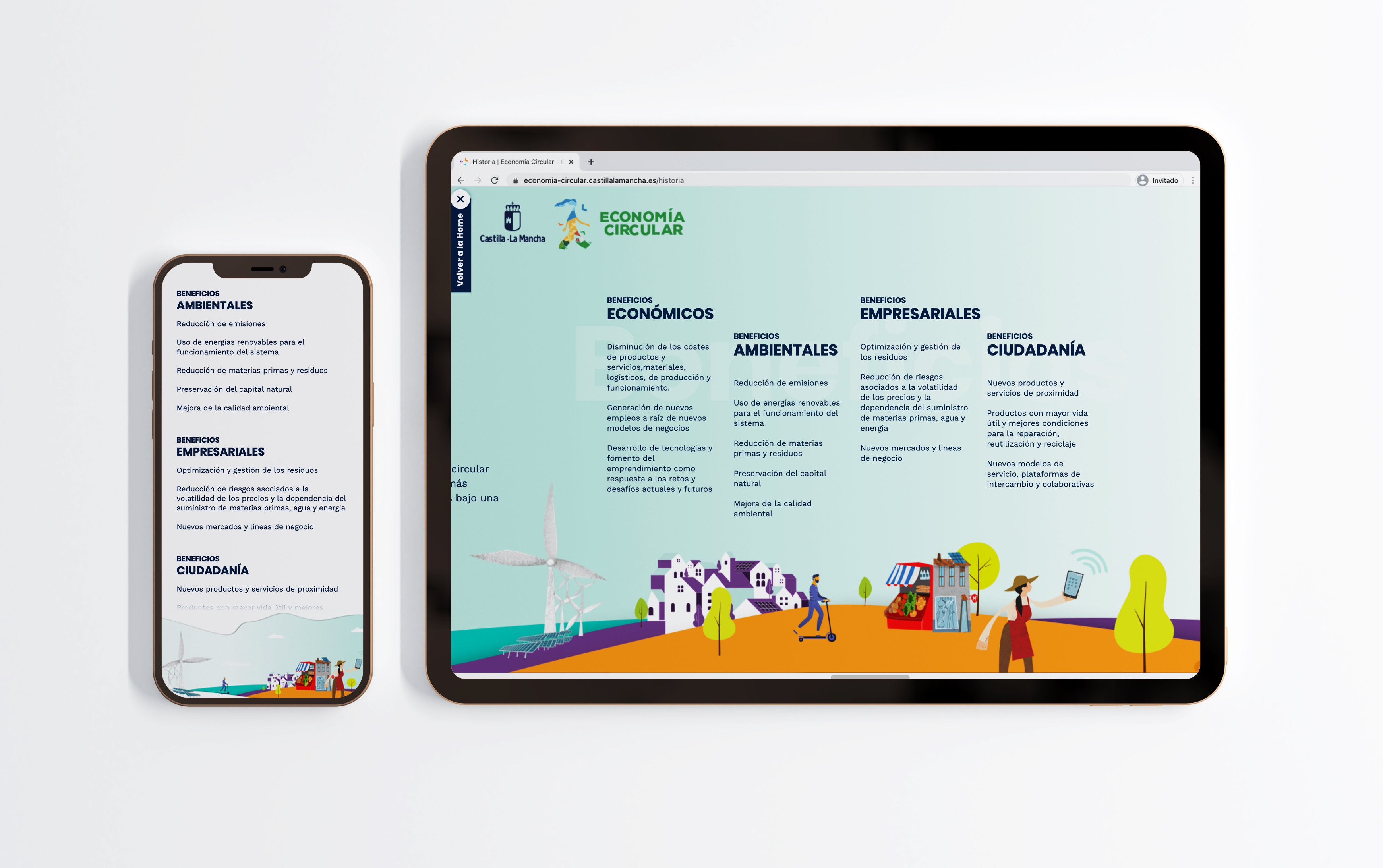 Pantalla móvil y tablet de la página de economía circular