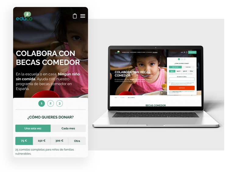 Pantalla móvil de la página de la Educo sobre las donaciones para las becas de comedor