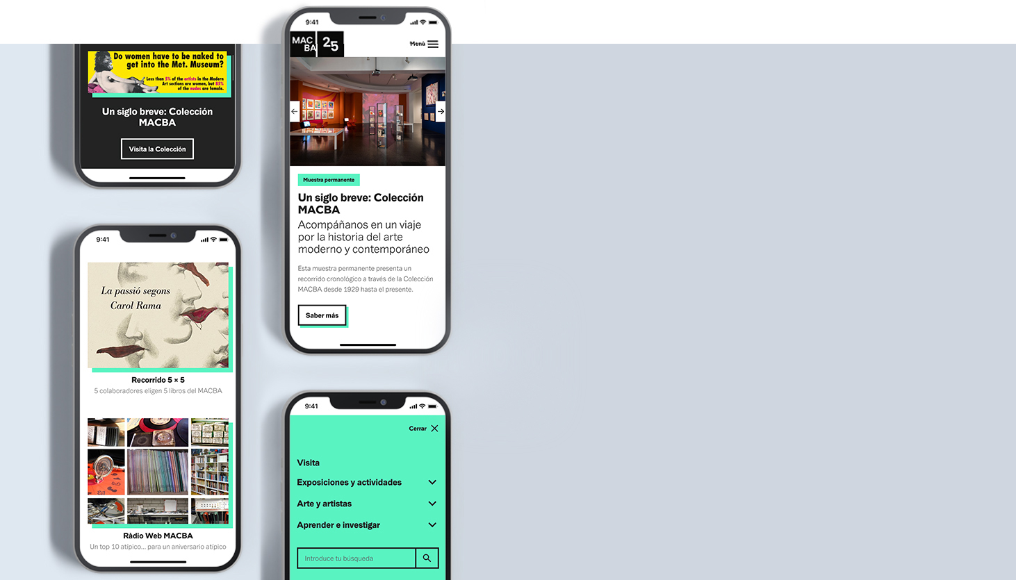 Pantallas de móvil mostrando distintas secciones de la web de Macba